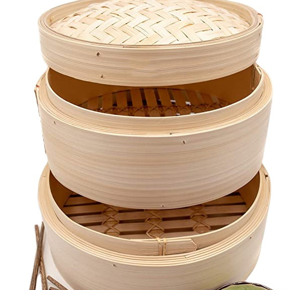 Premium 10 Inch Handmade Bamboo Steamer - Two Tier Baskets - Dim Sum Dumpling & Bao Bun Chinese Food Steamers