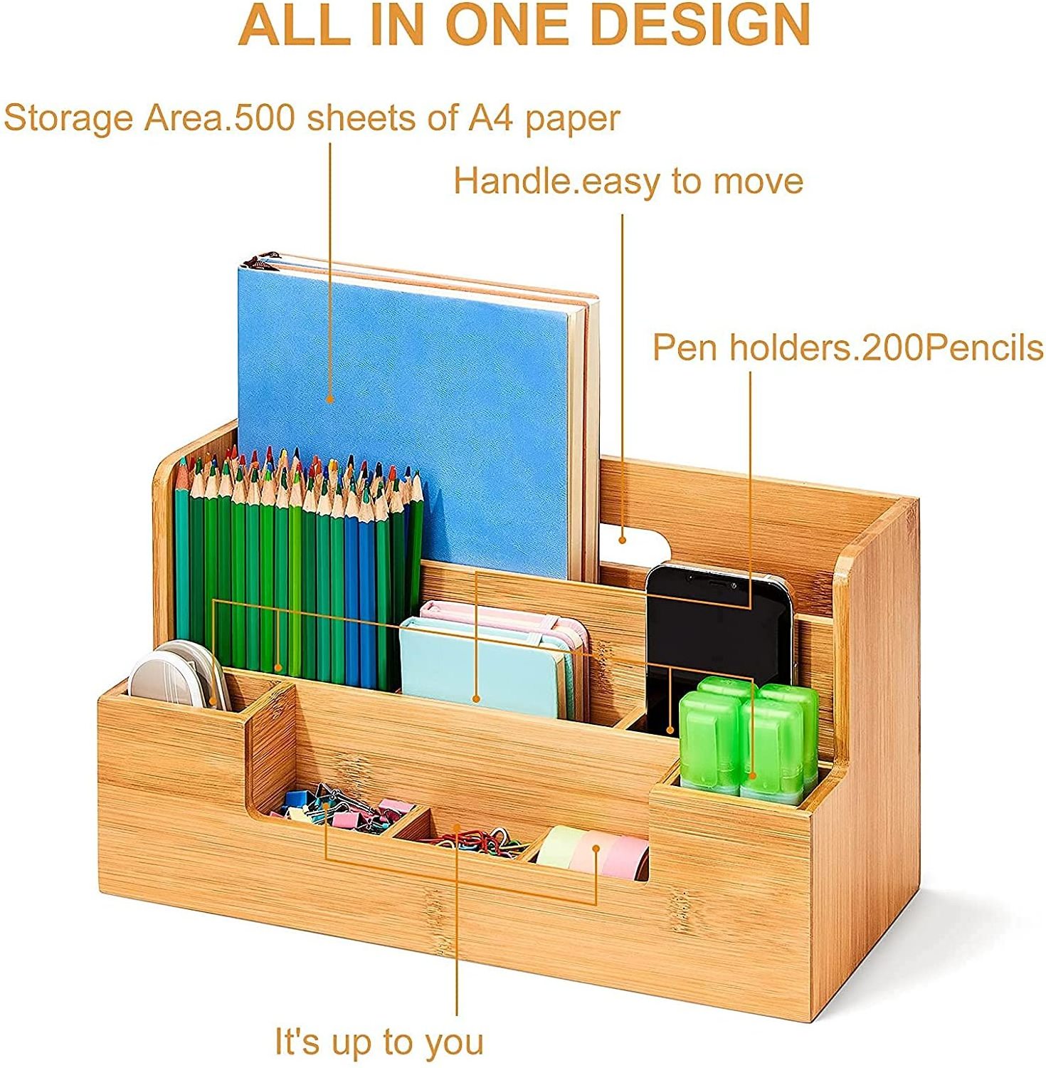 Bamboo Desk Storage Organizer with Handle, Office File Pencil & Book Holder Supplies Wood Desk Organizers and Accessories