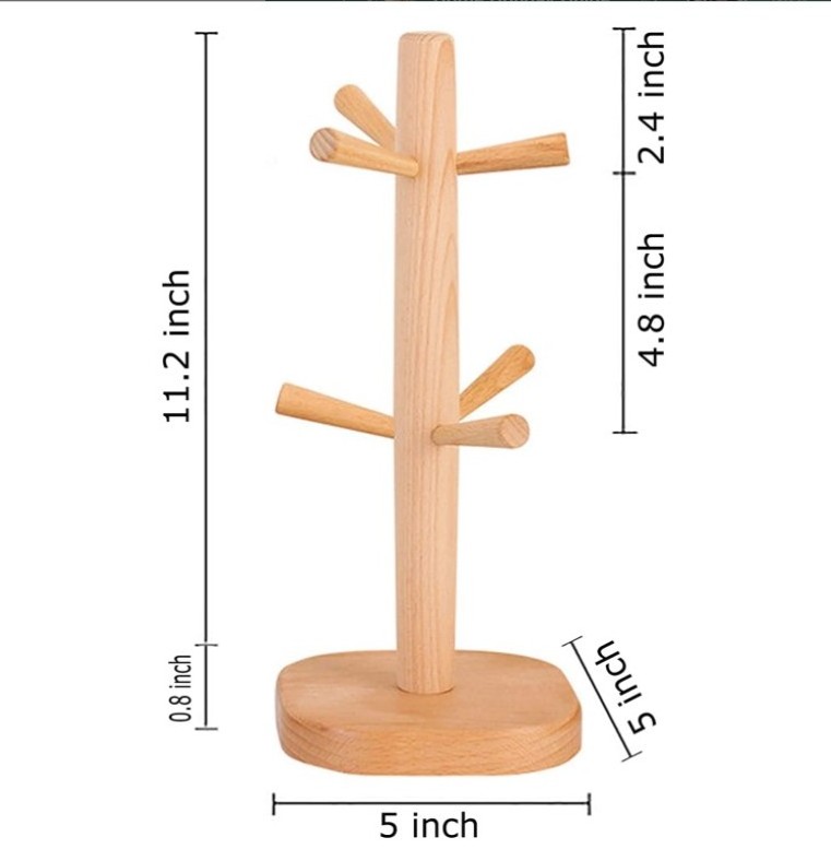 Wooden Mug Holder Tree with 6 Hooks Wood Cup Rack Tea Coffee Bar Organizer Accessories Mug Hanger Stands