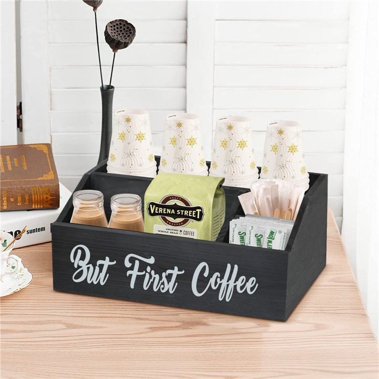 Wood Coffee Bar Accessories Organizer for Office Coffee Station Bar Decor, Coffee Tea Bag Cup Dispenser Storage Basket