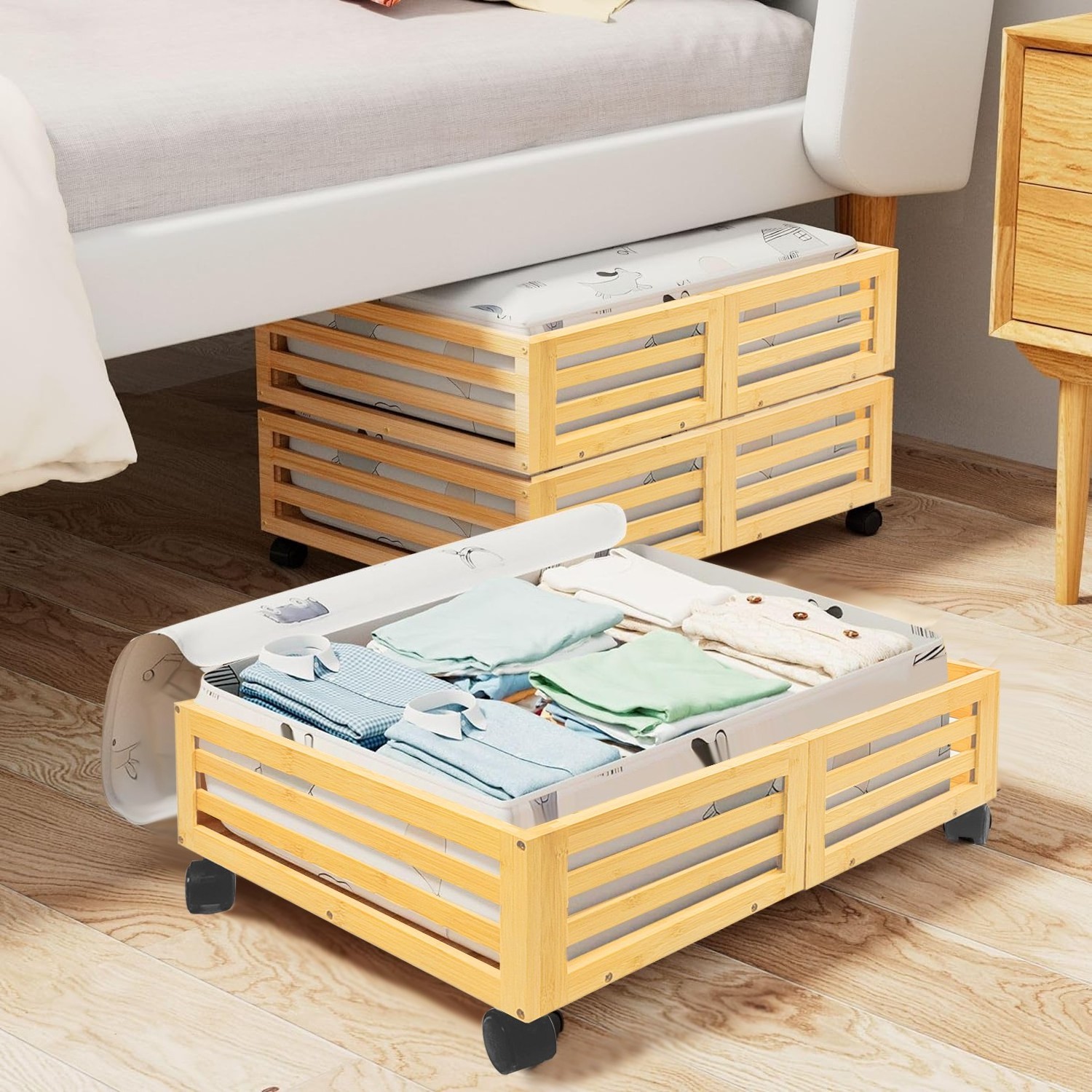 Bamboo Under Bed Storage Containers Underbed Organizer with Wheels Large Dust Bag,Sturdy Wood Rolling Under the Bed Shoe