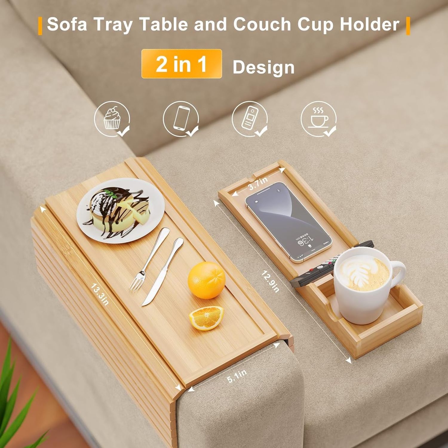 Bamboo Sofa Armrest Tray Anti-Slip Arm Table Clip On Tray with Detachable Couch Cup Holder Tray - Anti-Slip Sofa Table