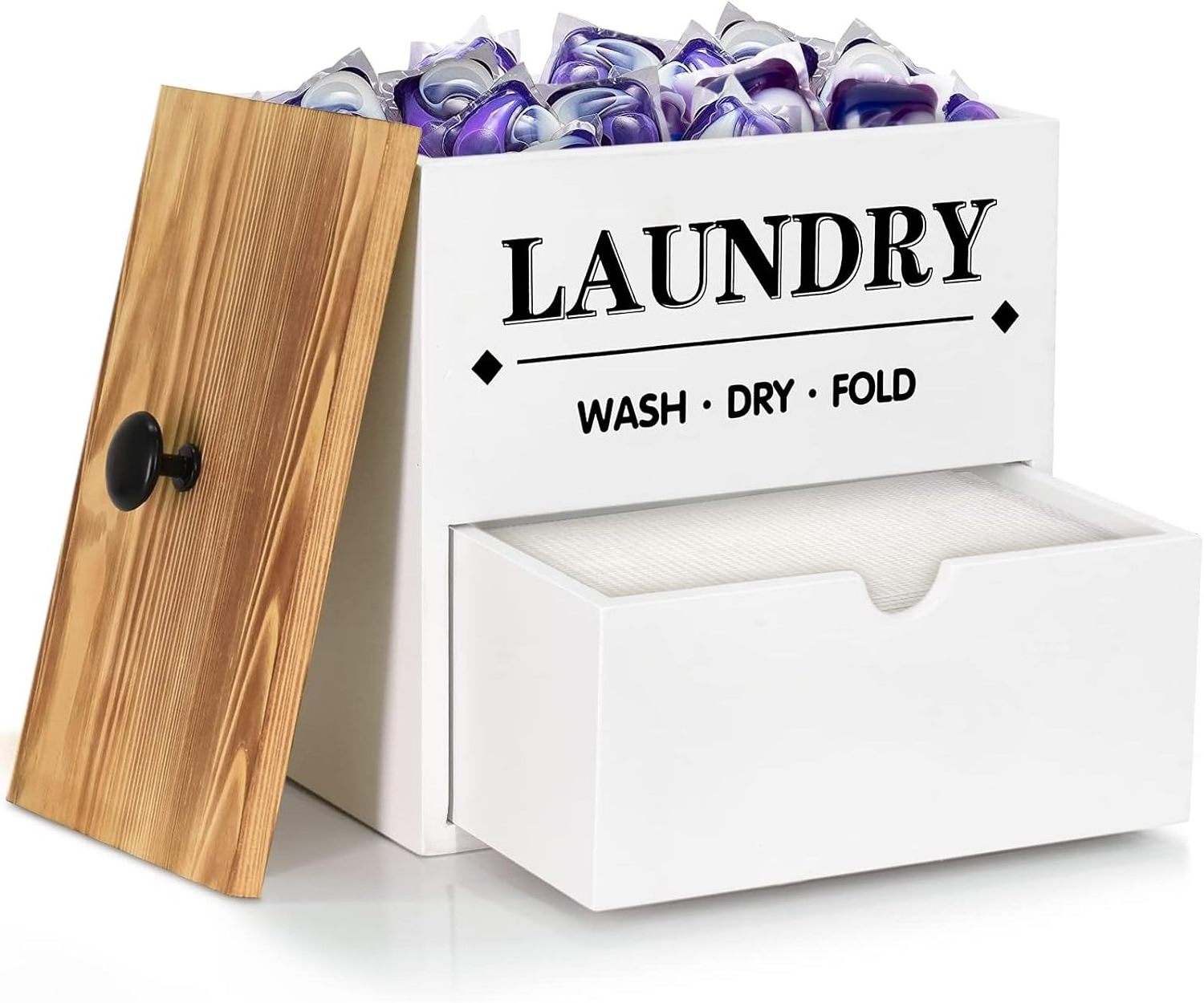 Dryer Sheet Holder with Drawer and Lid, Wood Dryer Sheet Dispenser and Laundry Pods Container for Laundry Room Organization