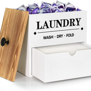 Dryer Sheet Holder with Drawer and Lid, Wood Dryer Sheet Dispenser and Laundry Pods Container for Laundry Room Organization