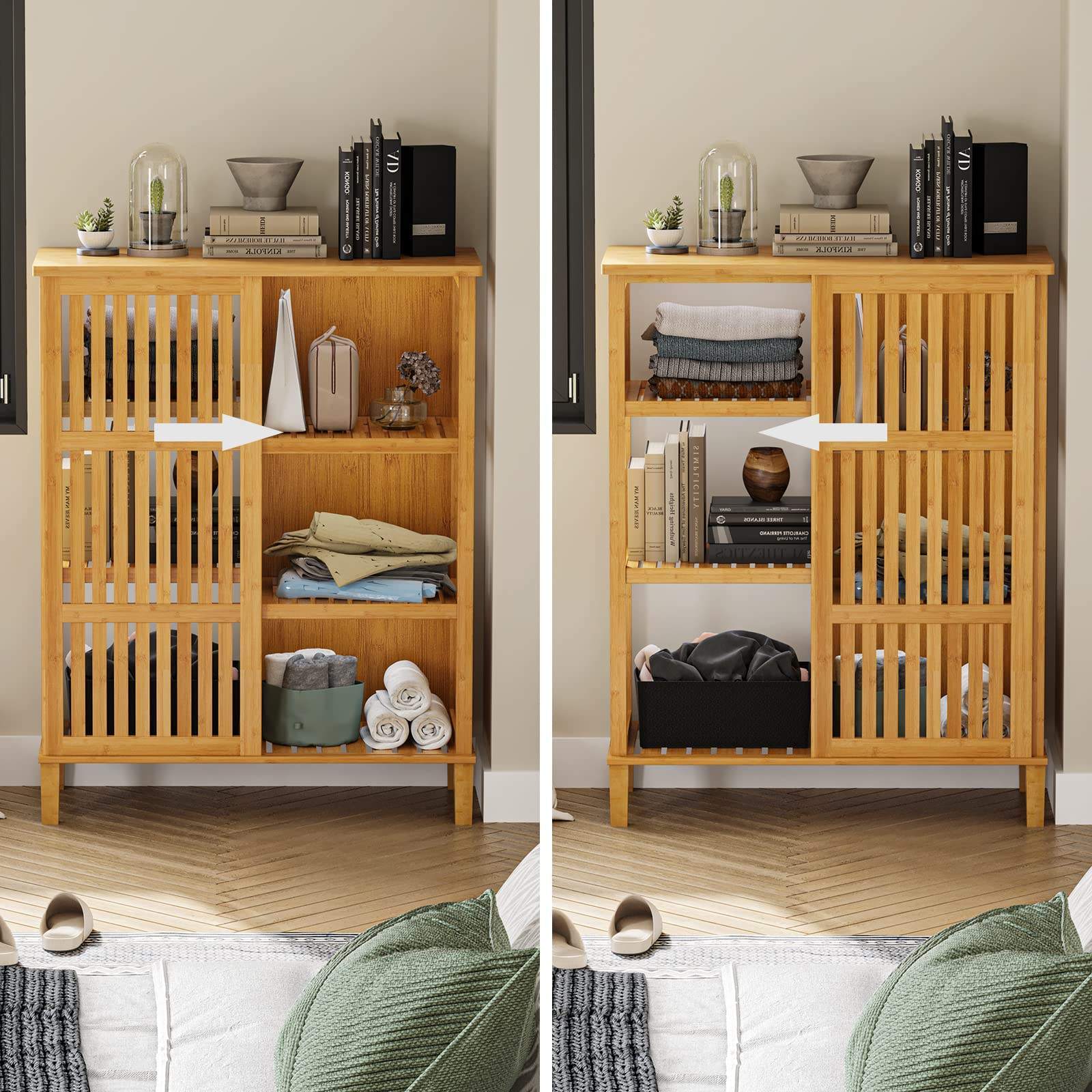 Multipurpose Bamboo Bathroom Organizer Shelf Rack Towel Cabinet Bamboo Storage Cabinet with Sliding Doors