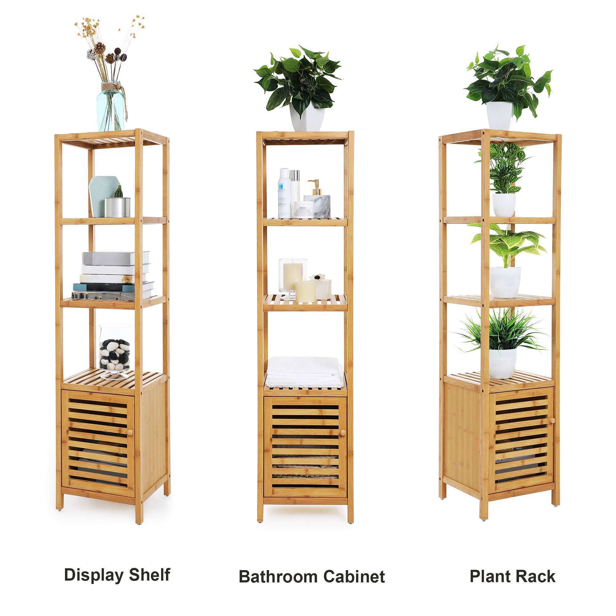 Bamboo Toilet Storage Shelf Bathroom 3 Tier Tower Organizer Rack Shelves Household Essentials With Tilt-Out Laundry Basket