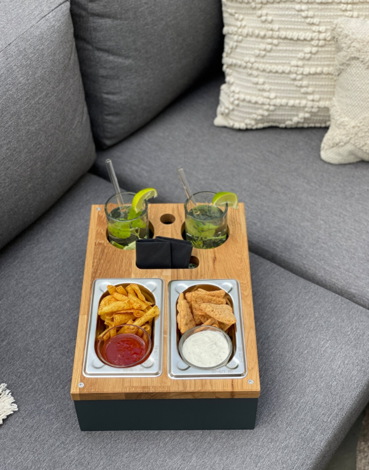 Wood Food Tray Anthracite Couch Caddy Tray with Cup Holder Sofa Snack Caddy Tray Organizer with Remote Control,