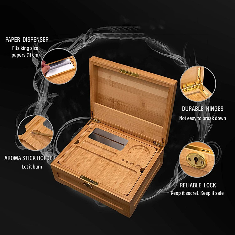 Wood Stash Storage Box Smoking Accessories Kit Organizer Container Smell Proof Smoking Stash Box With Lock Rolling Tray