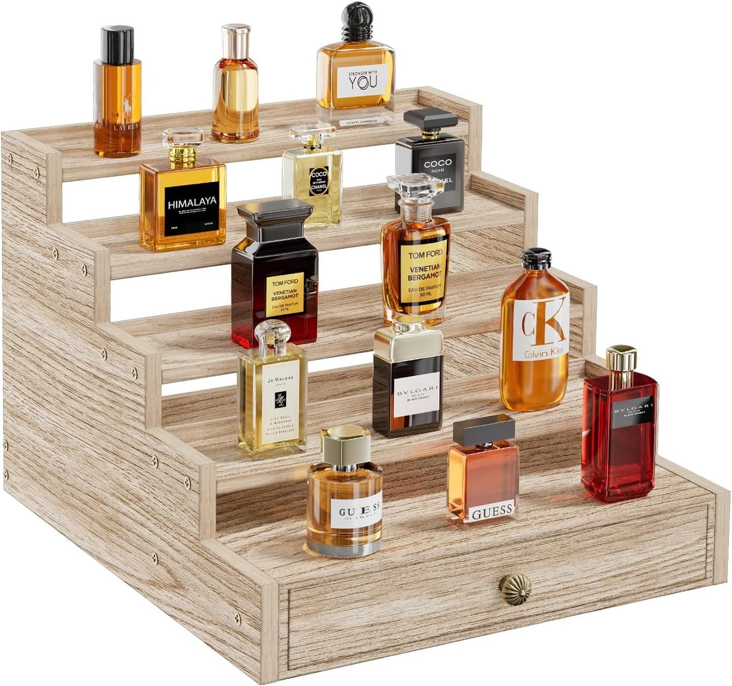 5 Tier Cologne Organizer for Men, Wooden Cologne Stand Rack Display Risers Shelf with Drawer Storage, Large Capacity Perfume Org