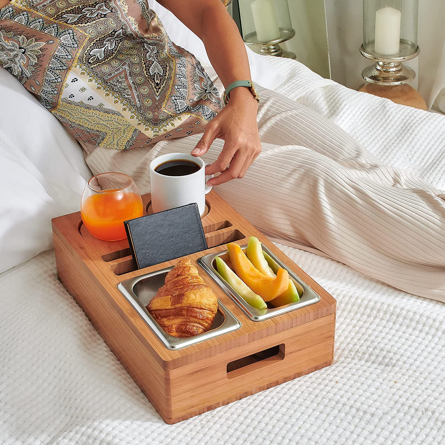 Couch Cup & Drink Holder with Snack Tray - Removeable Lid Design - Snack Caddy for Middle of Couch,Sofa,Bed, TV Lovers. The Perf