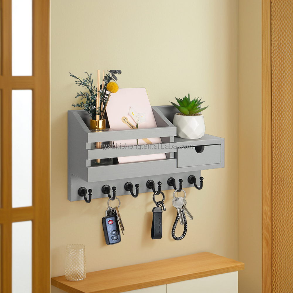 Wholesale Wall Mounted Bamboo Mail Organizer with 6 Hooks for Entryway and Home Decor Key Holder for Wall