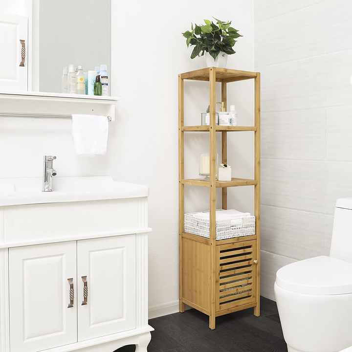 Bamboo Toilet Storage Shelf Bathroom 3 Tier Tower Organizer Rack Shelves Household Essentials With Tilt-Out Laundry Basket