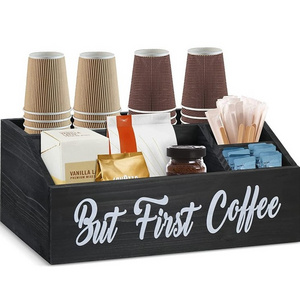 Wood Coffee Bar Accessories Organizer for Office Coffee Station Bar Decor, Coffee Tea Bag Cup Dispenser Storage Basket