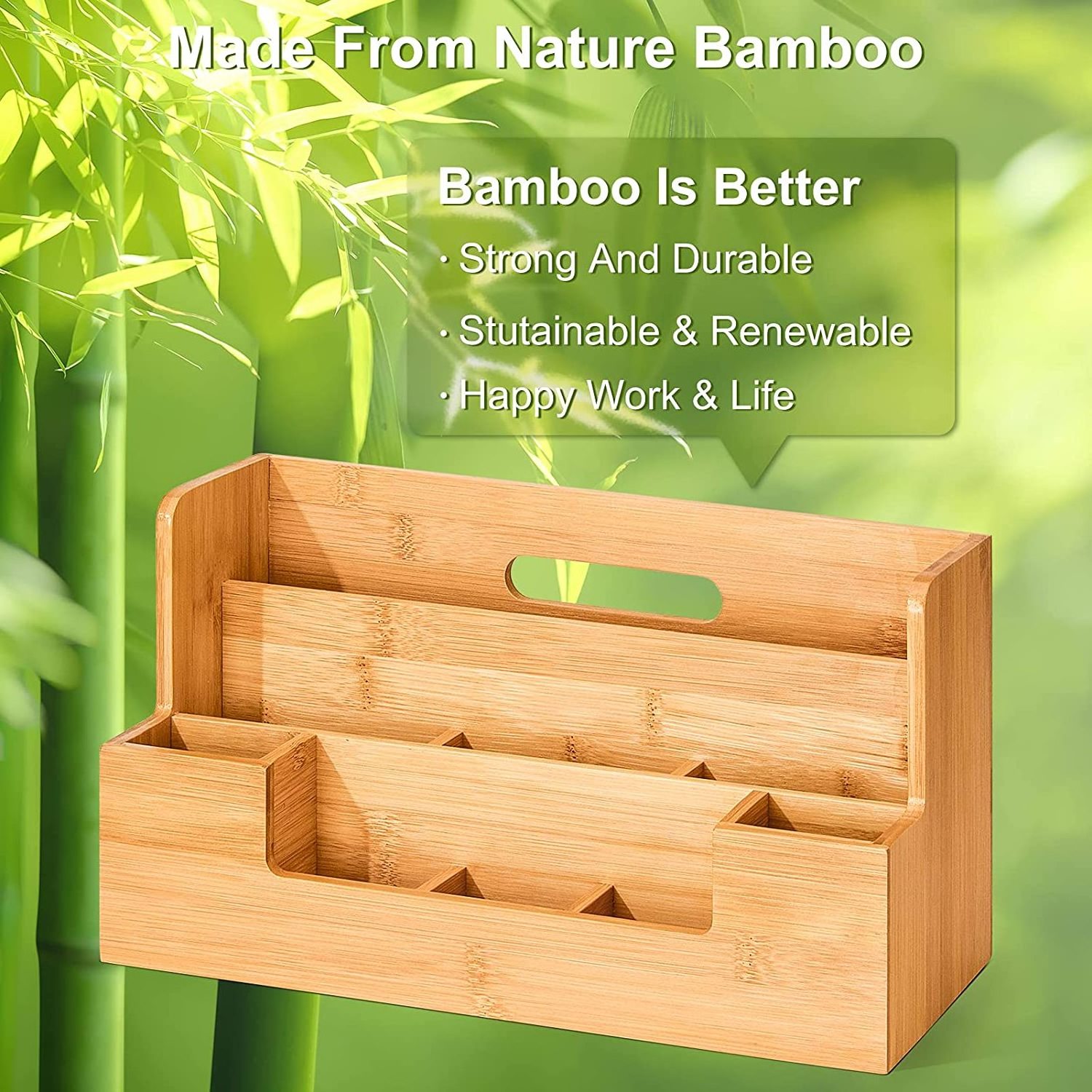 Bamboo Desk Storage Organizer with Handle, Office File Pencil & Book Holder Supplies Wood Desk Organizers and Accessories