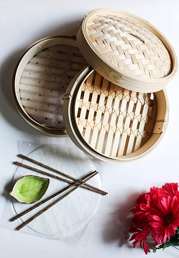 Premium 10 Inch Handmade Bamboo Steamer - Two Tier Baskets - Dim Sum Dumpling & Bao Bun Chinese Food Steamers