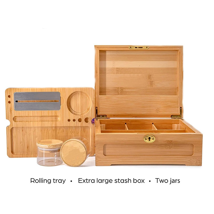 Wood Stash Storage Box Smoking Accessories Kit Organizer Container Smell Proof Smoking Stash Box With Lock Rolling Tray