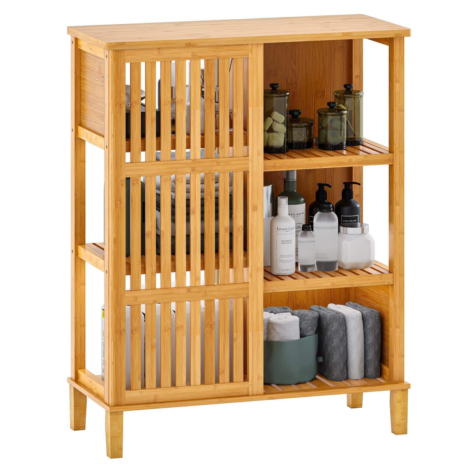 Multipurpose Bamboo Bathroom Organizer Shelf Rack Towel Cabinet Bamboo Storage Cabinet with Sliding Doors