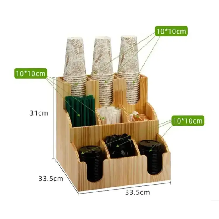 Bamboo Coffee Station Organizer 6 Compartments Condiment Rack Wooden Disposable Cups Holder Dispenser  Accessories For Home