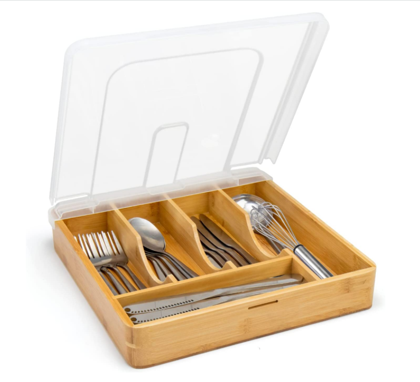 Utensil Holder for Countertop with Lid, Plastic Silverware Tray for Drawer, 5 Compartments Flatware Organizer, Bamboo