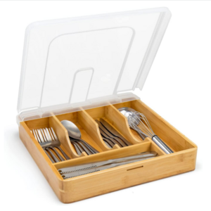 Utensil Holder for Countertop with Lid, Plastic Silverware Tray for Drawer, 5 Compartments Flatware Organizer, Bamboo