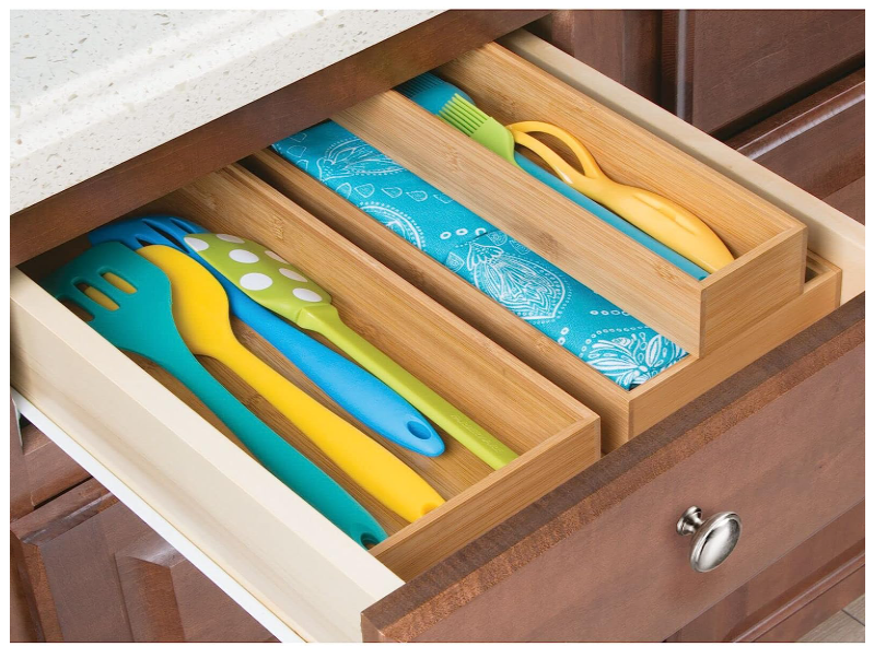 2 Pack Wooden Bamboo Drawer Organizer Long Stackable Storage Box Tray for Kitchen Drawers Bathroom Cabinet