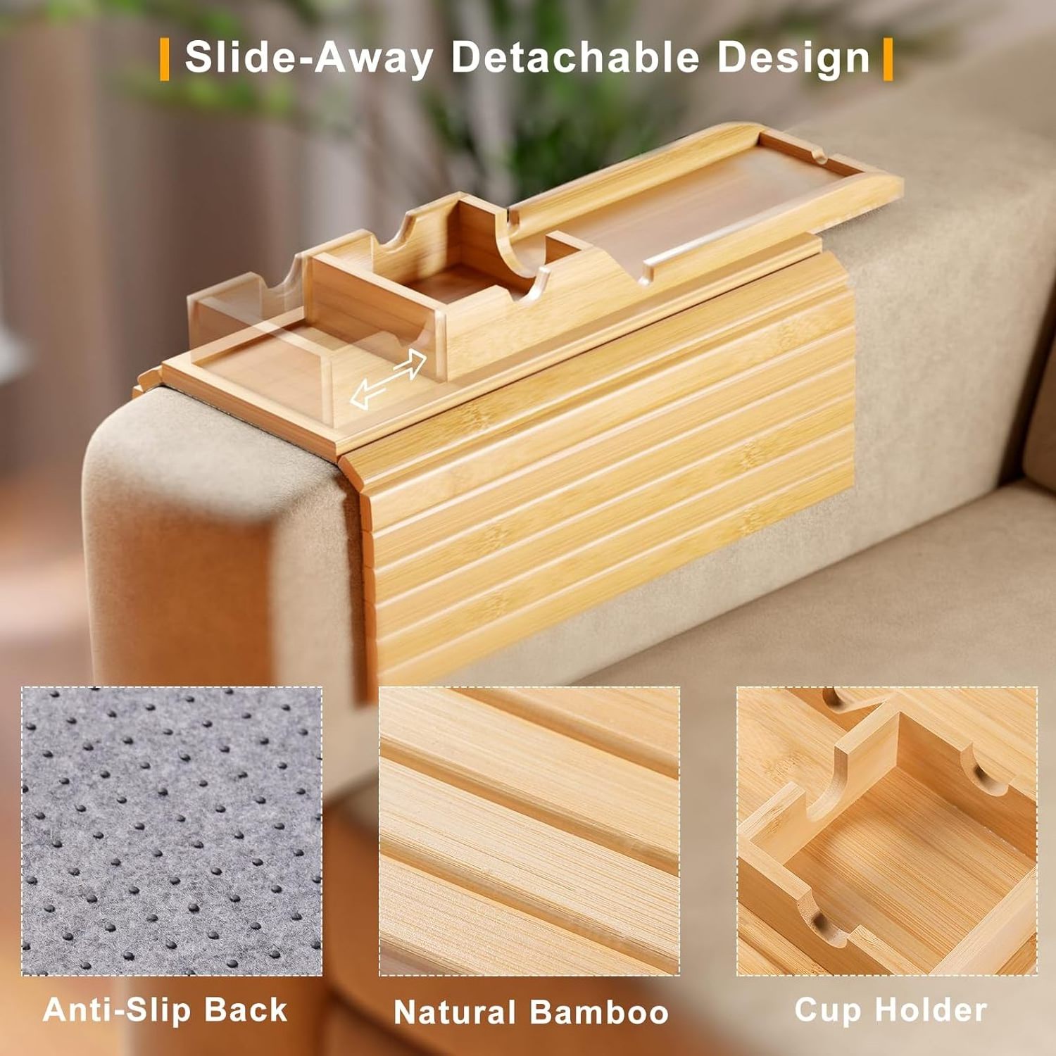 Bamboo Sofa Armrest Tray Anti-Slip Arm Table Clip On Tray with Detachable Couch Cup Holder Tray - Anti-Slip Sofa Table