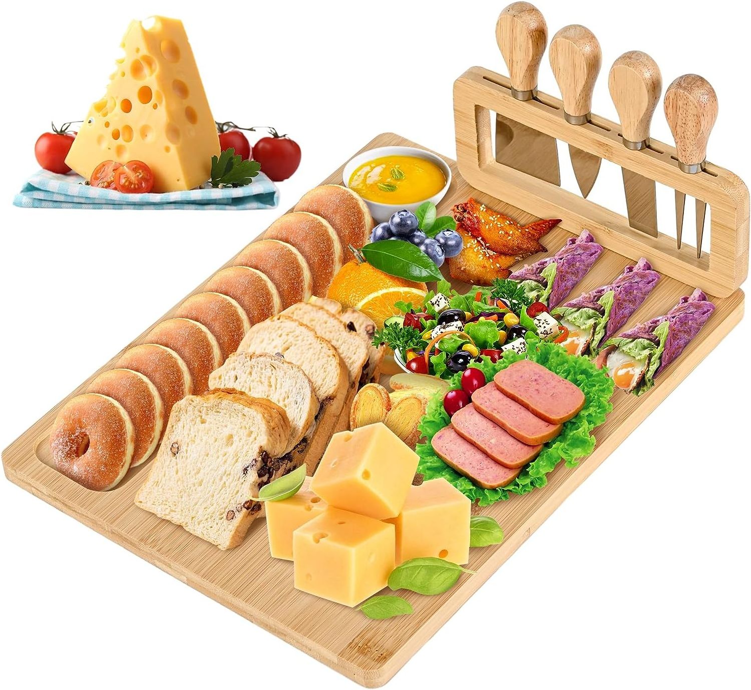 Bamboo Cheese Board and Knife Set Large Charcuterie Boards Set,  Cheese Tray Platter Servers with Clasp Knife Holder