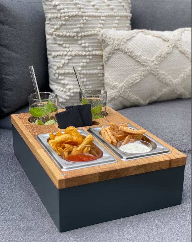 Wood Food Tray Anthracite Couch Caddy Tray with Cup Holder Sofa Snack Caddy Tray Organizer with Remote Control,