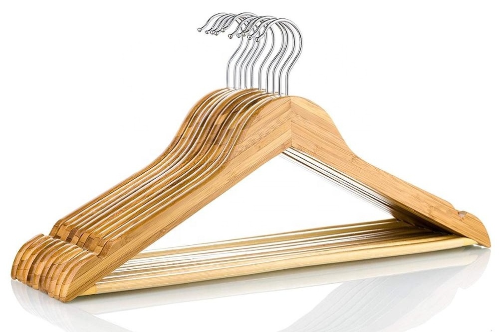 Bamboo Natural Clothes Hangers with Notches and Non-Slip Bar