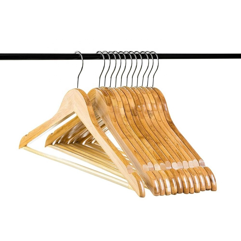 Bamboo Natural Clothes Hangers with Notches and Non-Slip Bar