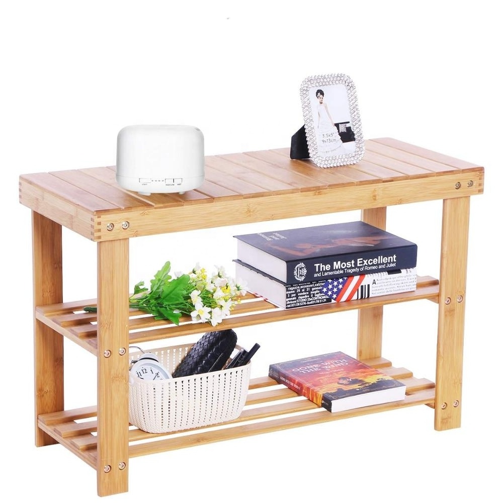 2 Tier Bamboo Shoe Bench Rack,Storage Organizing Rack Stand,Entryway Hallway Seat,Shoe Rack for Foyer,Kitchen,Living