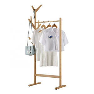 Single Rail Bamboo Garment Rack with 8 Side Hook Tree Stand Coat Hanger and Four Stable Leveling Feet for Jacket, Umbrella, Clot