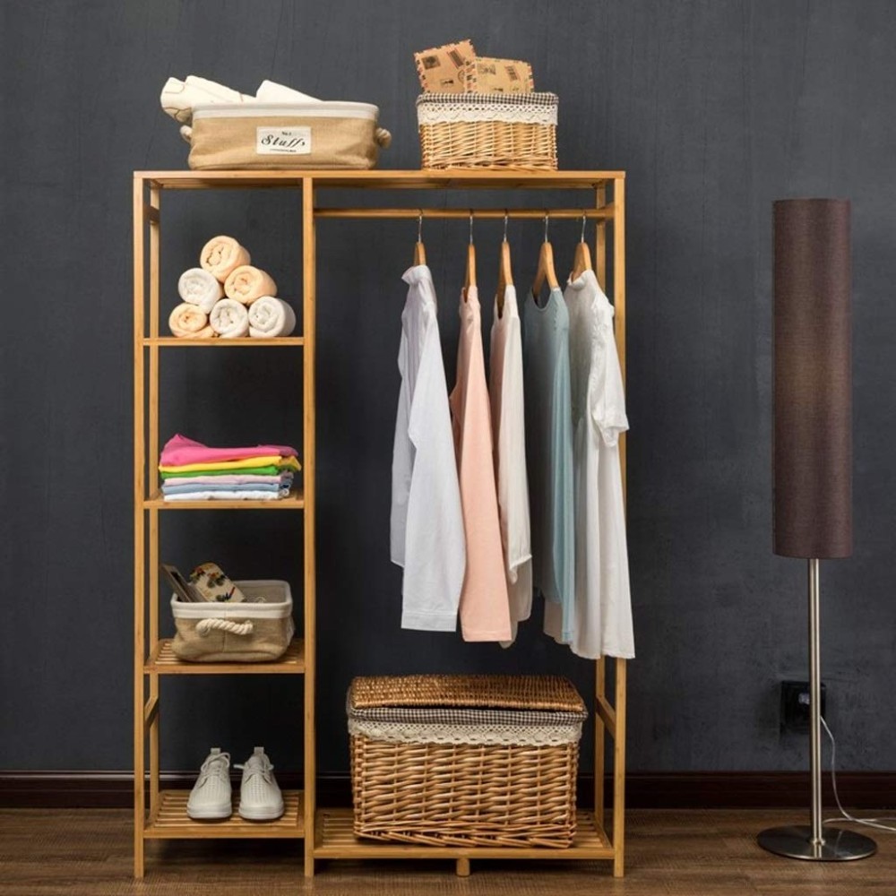 Solid bamboo Coat Rack Bedroom Floor-Standing Hangers Vertical Bamboo Clothes Stand Simple Shoe Racks Indoor Storage Racks