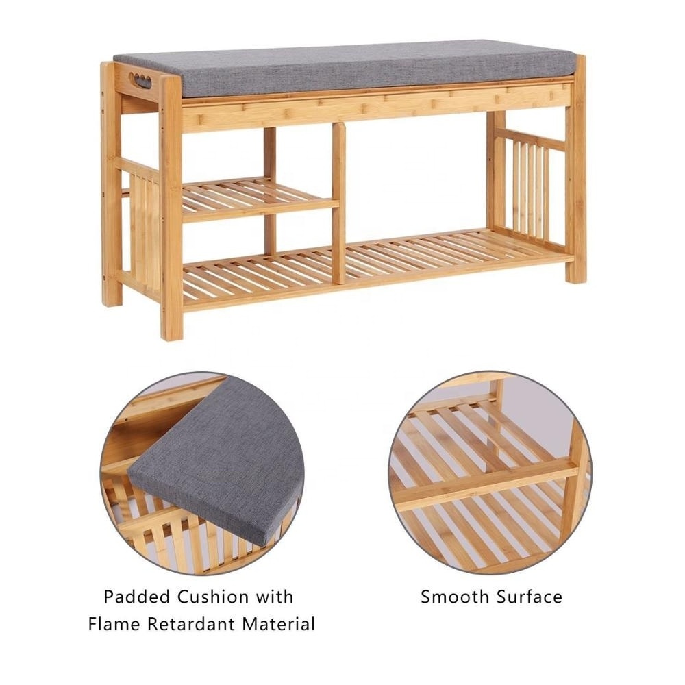 Bamboo Shoe Rack Bench,Padded Seat Storage Shoe Shelf Organizing for Bedroom Bathroom Living Room Patio Entryway Hallway and Foy