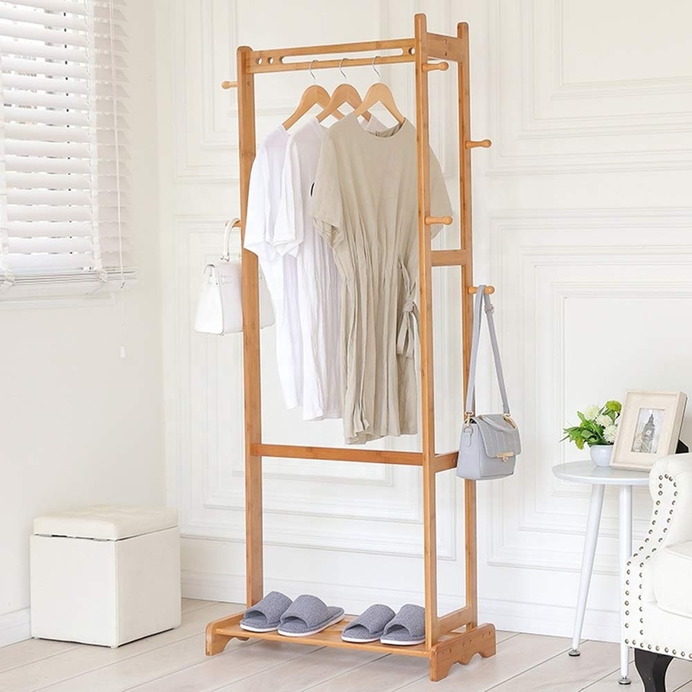 Bamboo Clothing Rack Bamboo Clothes Laundry Rack with 6 Side Hooks Lower Shoe Shelf