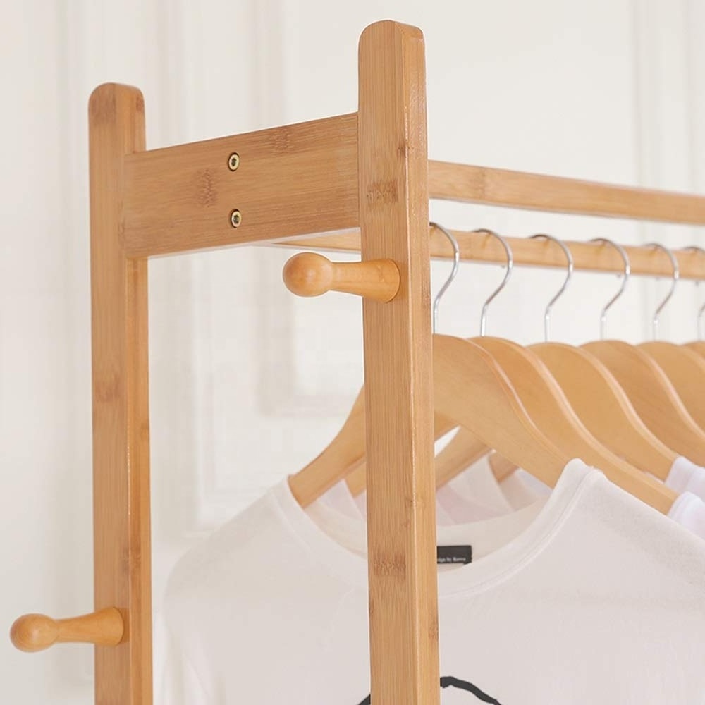 Bamboo Clothing Rack Bamboo Clothes Laundry Rack with 6 Side Hooks Lower Shoe Shelf