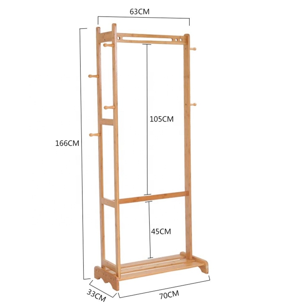 Bamboo Clothing Rack Bamboo Clothes Laundry Rack with 6 Side Hooks Lower Shoe Shelf