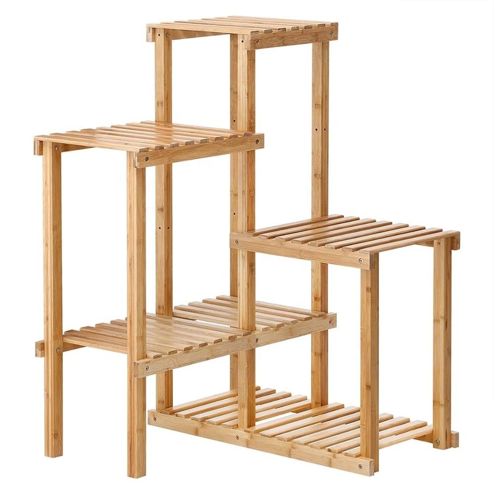 Bamboo Multi Storage Corner Shelf Flower Plant Stand Display Rack Adjustable Shelving Unit for Balcony Living Room Yard Garden