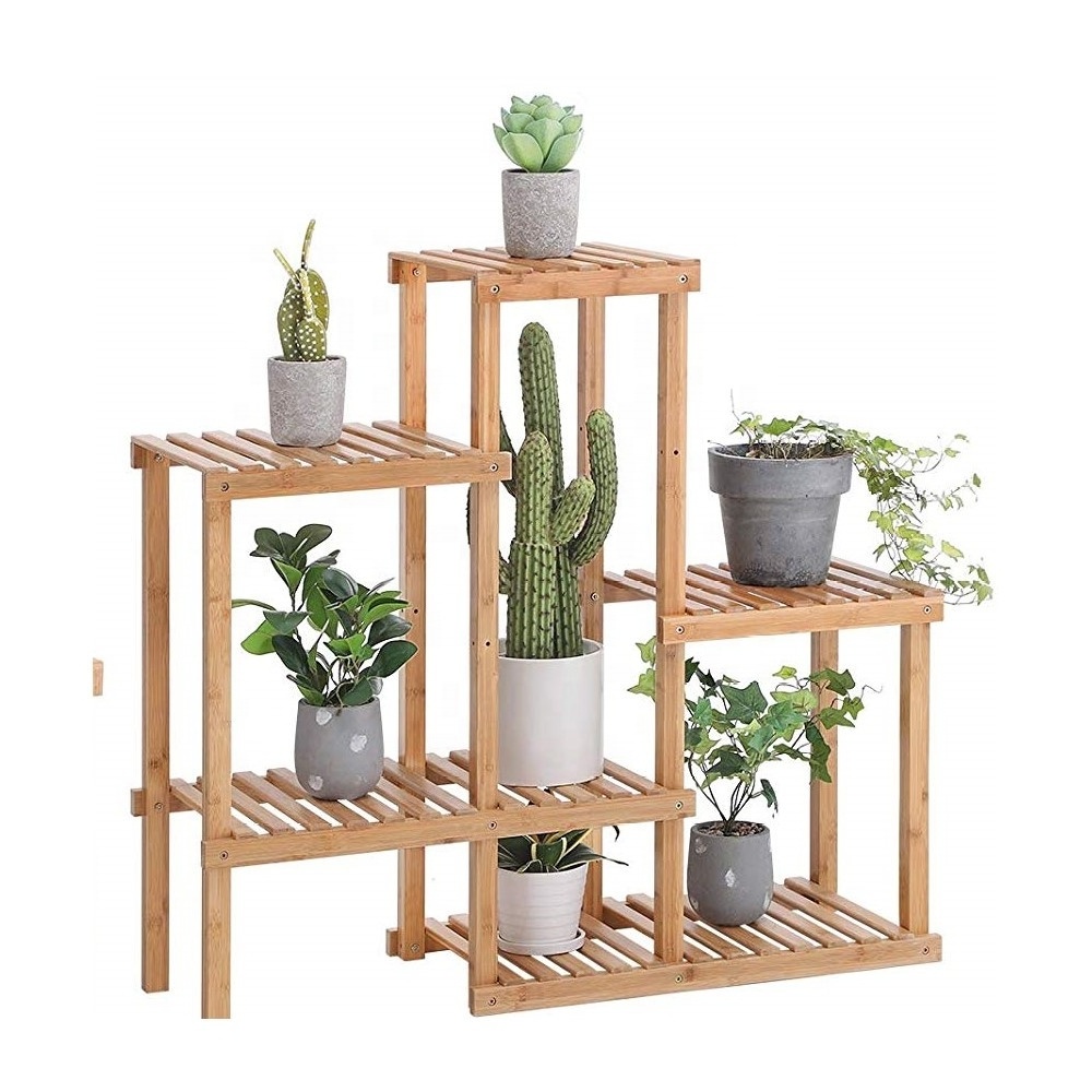 Bamboo Multi Storage Corner Shelf Flower Plant Stand Display Rack Adjustable Shelving Unit for Balcony Living Room Yard Garden