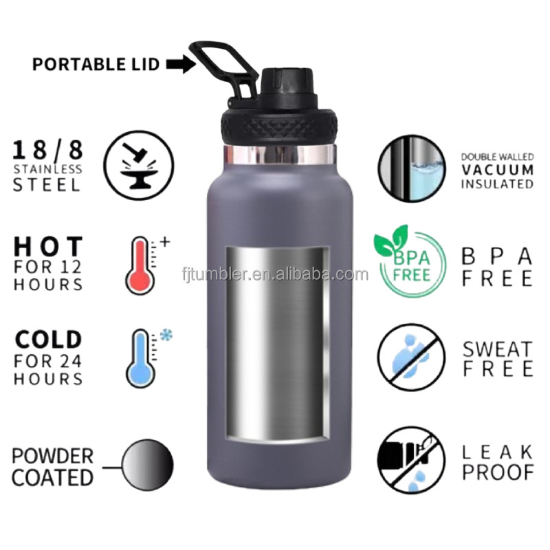 Insulated Stainless Steel Water Bottle 32 Ounce 40oz 64 oz 2.2l Vacuum Canteen 3 Lids Large Metal Drink Bottle Leak Proof