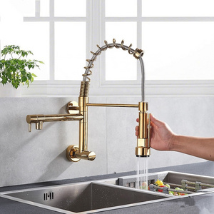 Hot Selling Modern Commercial Gold Wall Mounted Kitchen Faucet with Pull Down Sprayer