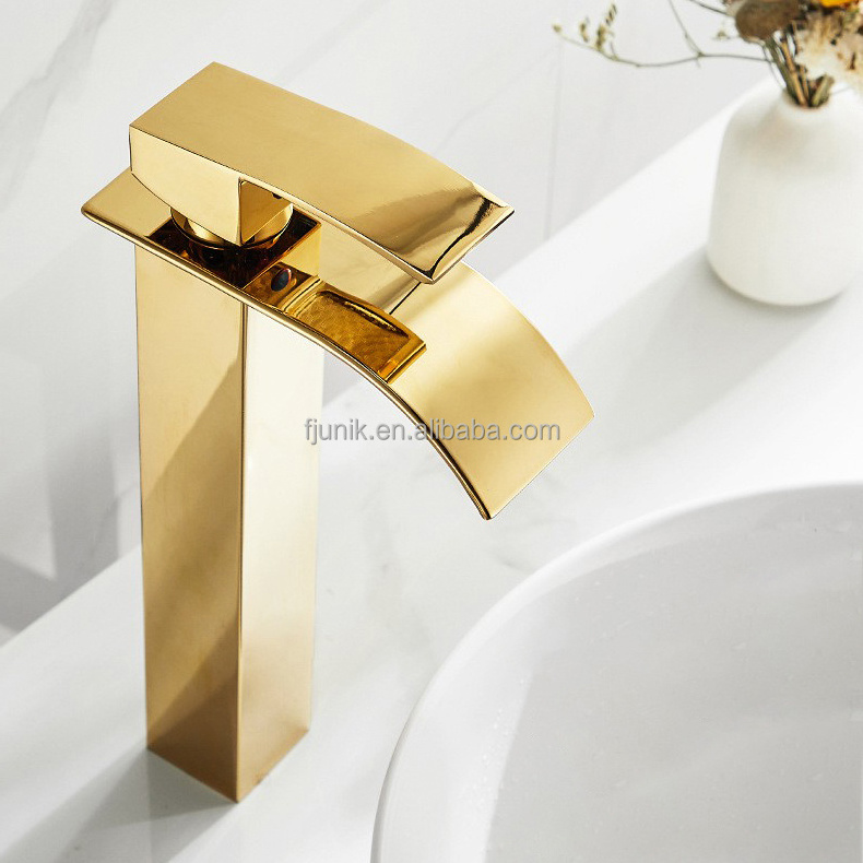 Gold Basin Waterfall Faucet Bathroom Sink Faucet Single Lever Chrome Brass Hot and cold Basin Faucets