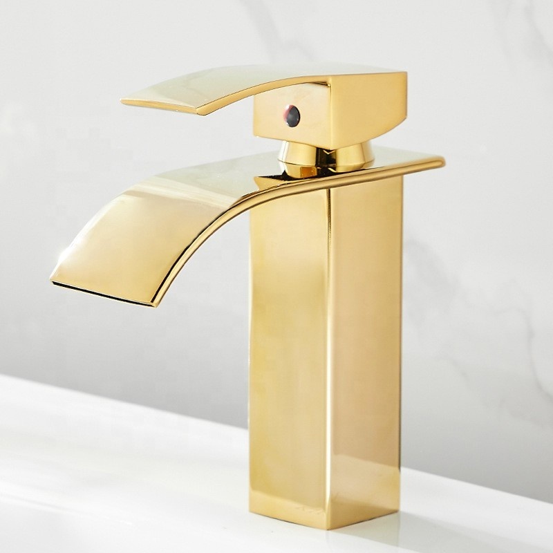 Waterfall Hot and Cold Washbasin Tap Bathroom Single Hole Gold Basin Sink Mixer Faucet