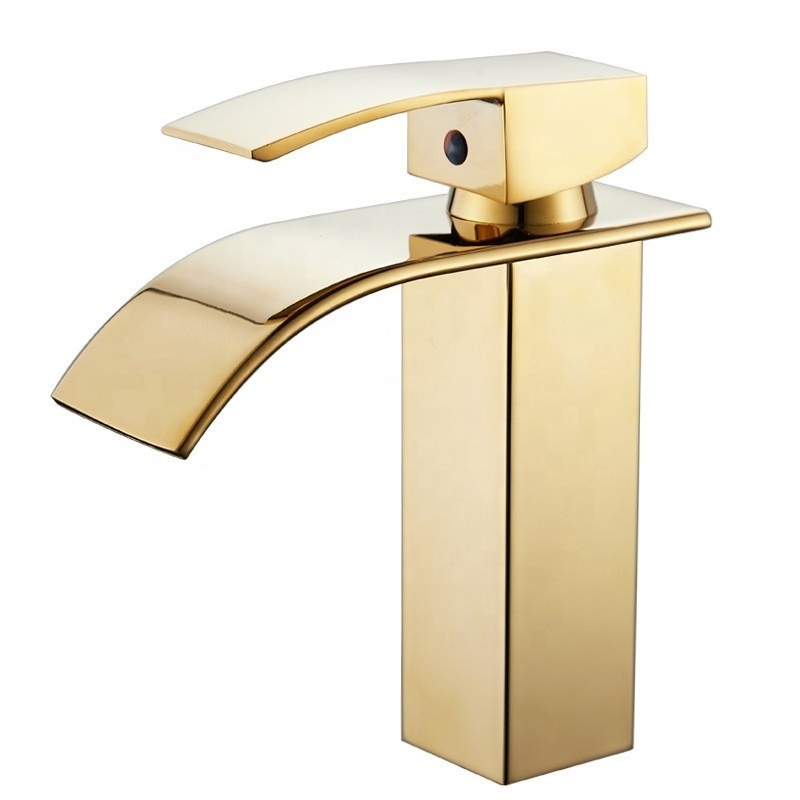 Waterfall Hot and Cold Washbasin Tap Bathroom Single Hole Gold Basin Sink Mixer Faucet