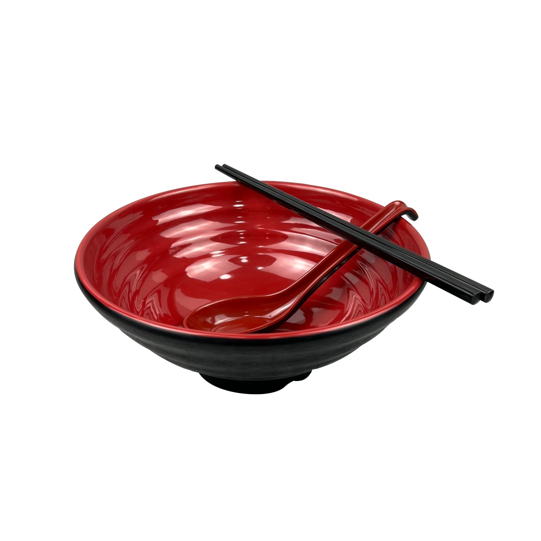 Hot selling Ramen bowls and spoon set with chopsticks melamine dinnerware set Japanese black red  noodle bowl