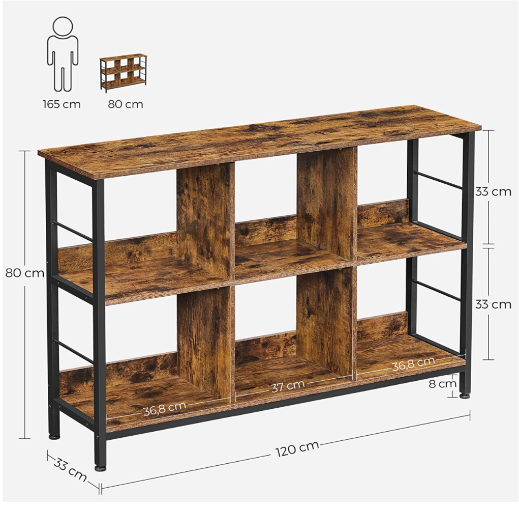 Bookcase 6 Compartments, Open Storage Unit, Horizontal Book Shelf, for Office, Living Room, Bedroom, Industria