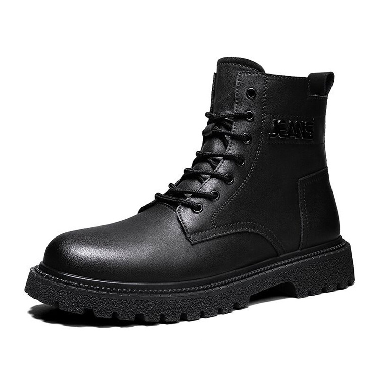 XLAI Men'S Boots Plus Velvet Leather Rubber Sneakers Lace-Up Mid-Tube Boots Trendy Flat Sneakers Lightweight And Handsome Boots