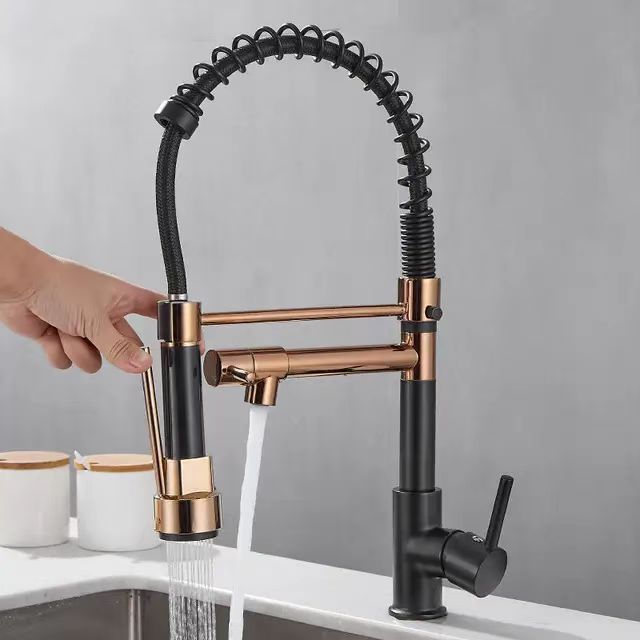 2023 Factory Gold Fashionable Commercial Restaurant Flexible Sink Kitchen Faucet With Spring Pull Down Spray Head