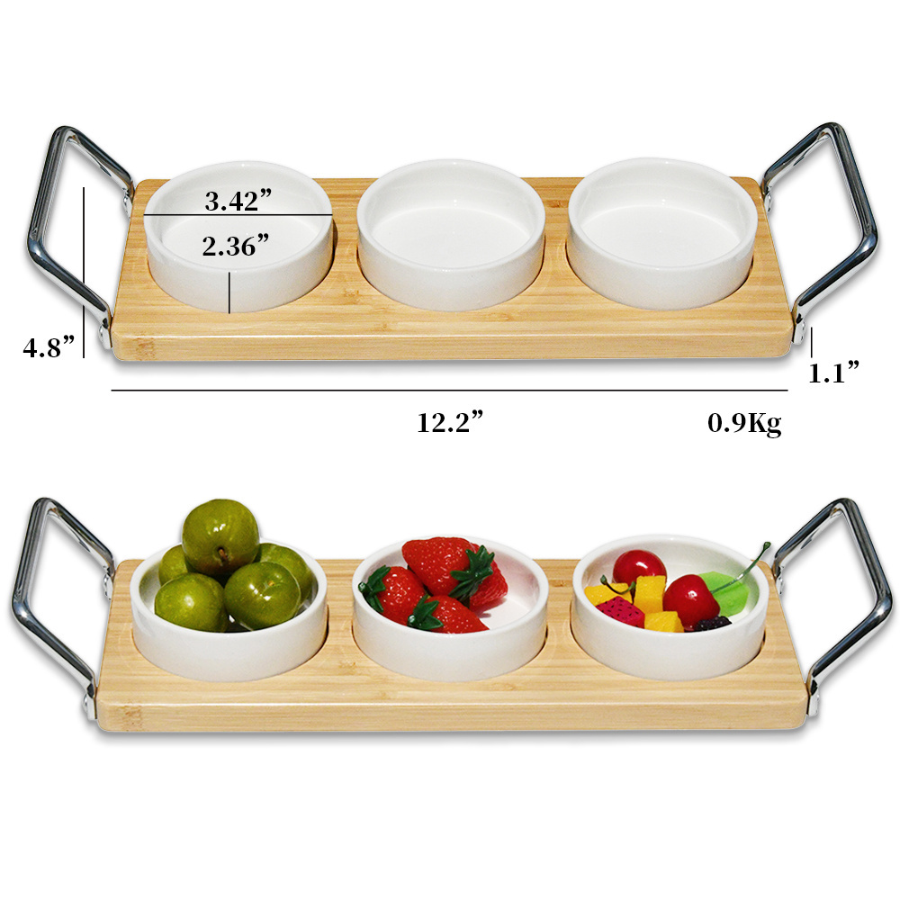 Premium Handmade Organic Natural Bamboo Serving Tray With Mental Handle, And 3 Ceramic Bowls For Nuts, Fruits Snack