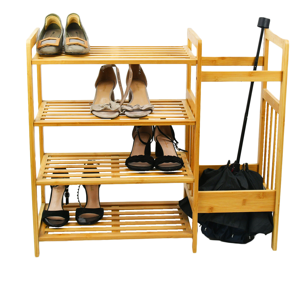 Home Use 4 Tier Natural Bamboo Shoe Storage Rack with Umbrella Holder Wooden Small Shoe Shelf Organizer for Entryway